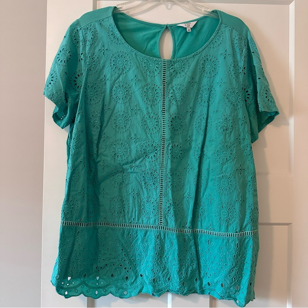 Crown & Ivy Teal Eyelet Lace Cotton Blouse Scalloped Hem Size 1X